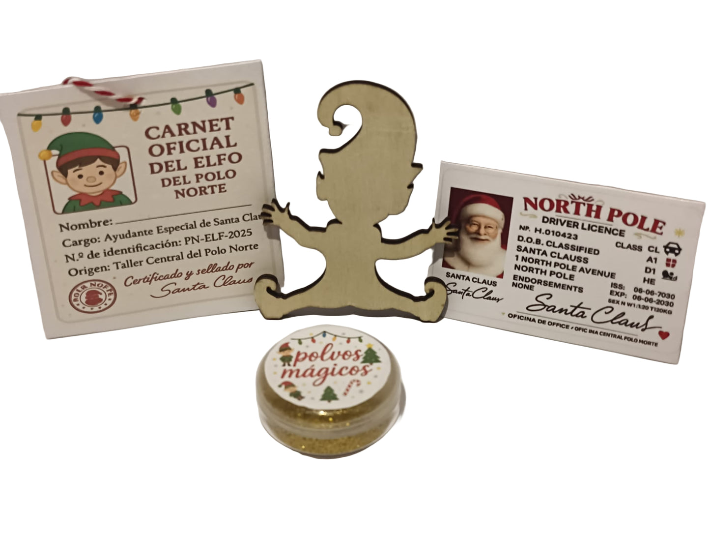 Elfo de tela suave de 42cm+sobres de correos del polo norte + certificado de adopción + cartas de bienvenida y despedida + carnet del elfo personalizable+ carnet de conducir de papá noel + polvos mágicos+ silueta del elfo en madera + cartas para papá noel