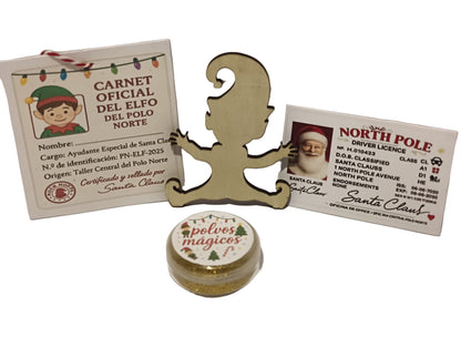 Elfo de tela suave de 42cm+sobres de correos del polo norte + certificado de adopción + cartas de bienvenida y despedida + carnet del elfo personalizable+ carnet de conducir de papá noel + polvos mágicos+ silueta del elfo en madera + cartas para papá noel