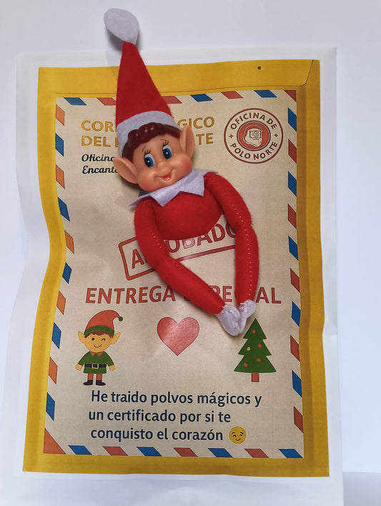 Elfo de tela suave de 42cm+sobres de correos del polo norte + certificado de adopción + cartas de bienvenida y despedida + carnet del elfo personalizable+ carnet de conducir de papá noel + polvos mágicos+ silueta del elfo en madera + cartas para papá noel