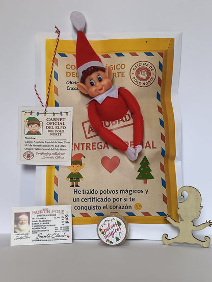Elfo de tela suave de 42cm+sobres de correos del polo norte + certificado de adopción + cartas de bienvenida y despedida + carnet del elfo personalizable+ carnet de conducir de papá noel + polvos mágicos+ silueta del elfo en madera + cartas para papá noel