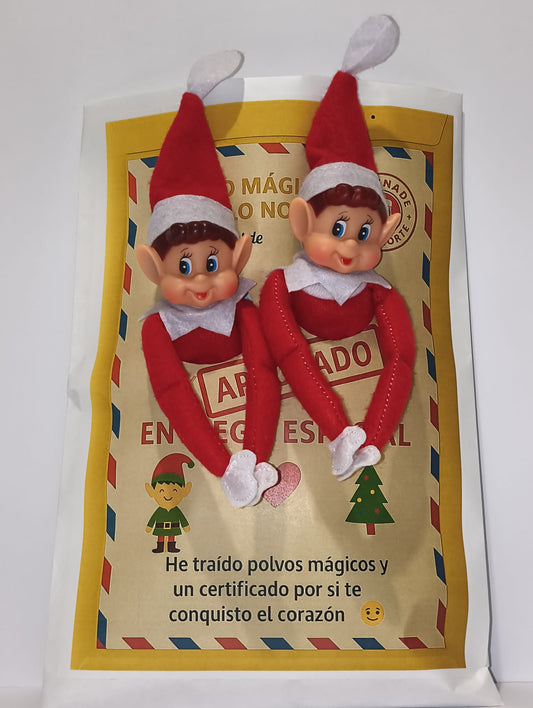 Elfos gemelos🤭 de tela suave 42cm+12 accesorios(gafas,ropa, cama,) sobres  del polo norte+certificado de adopción+cartas de bienvenida y despedida+carnet del elfo+carnet de papá noel+polvos mágicos+silueta del elfo en madera+cartas para papá noel.